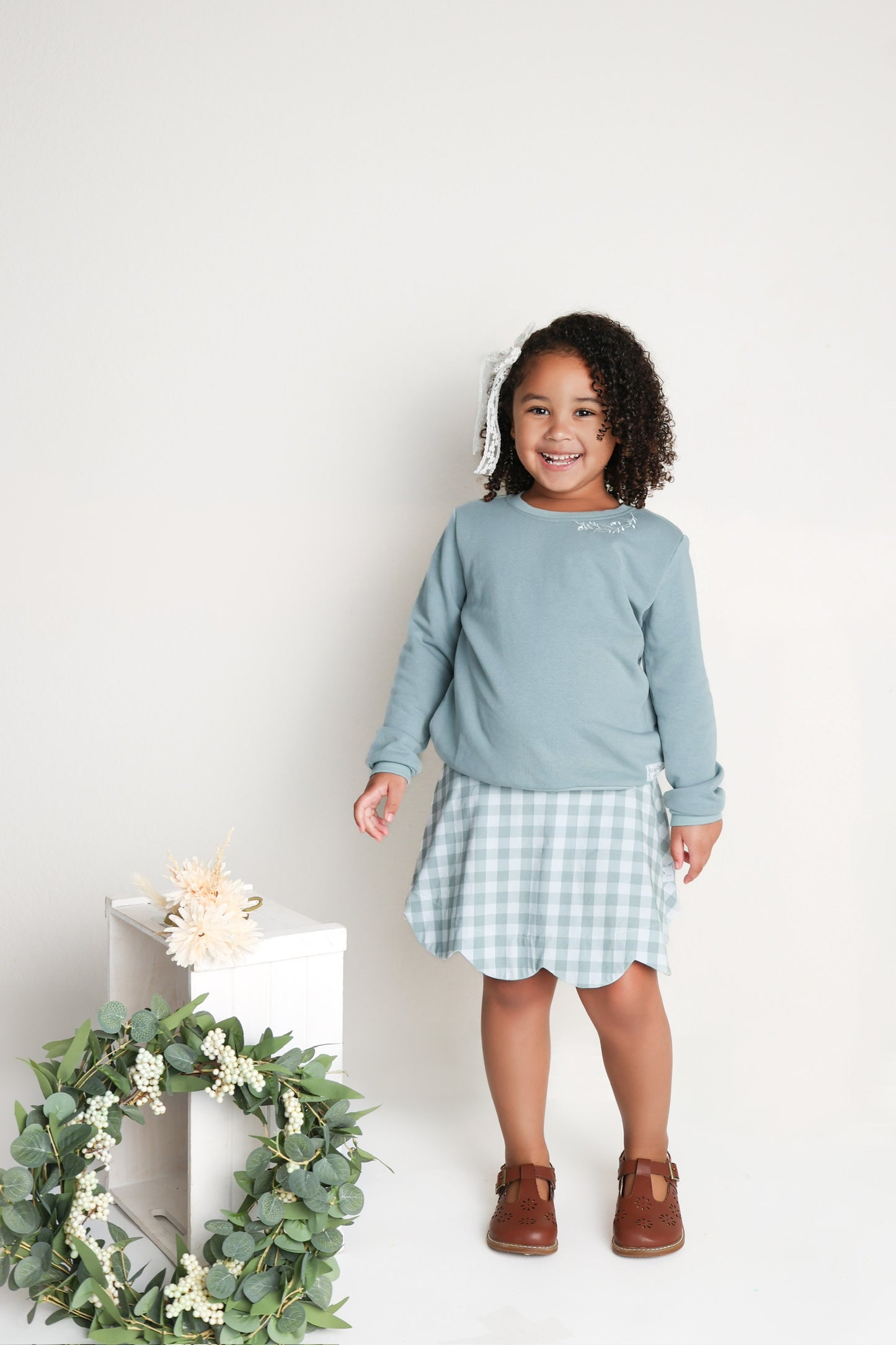 Fall Gingham Scalloped Skort- Meadow Sage (RTS)