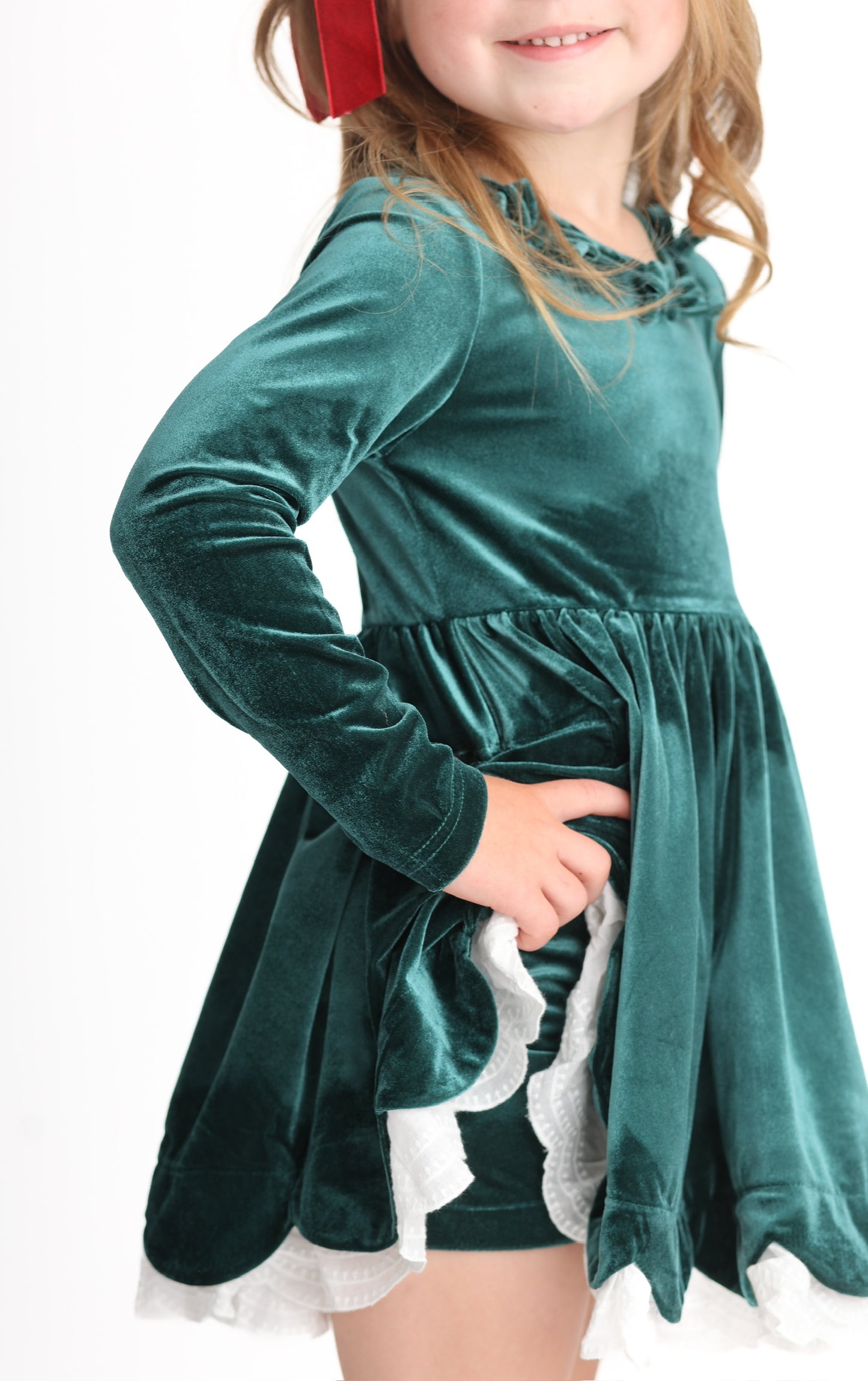 Velvet Bows Dress- Evergreen (Preorder)