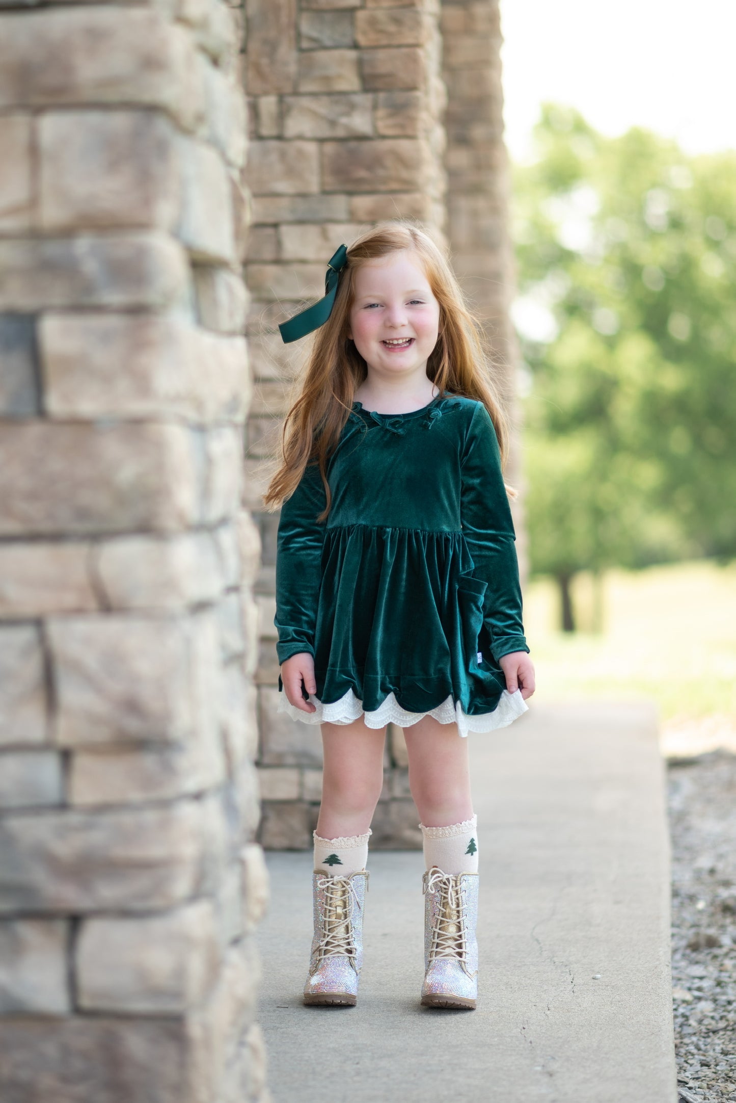 Velvet Bows Dress- Evergreen (Preorder)