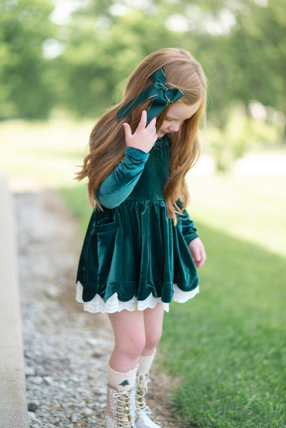 Velvet Bows Dress- Evergreen (Preorder)