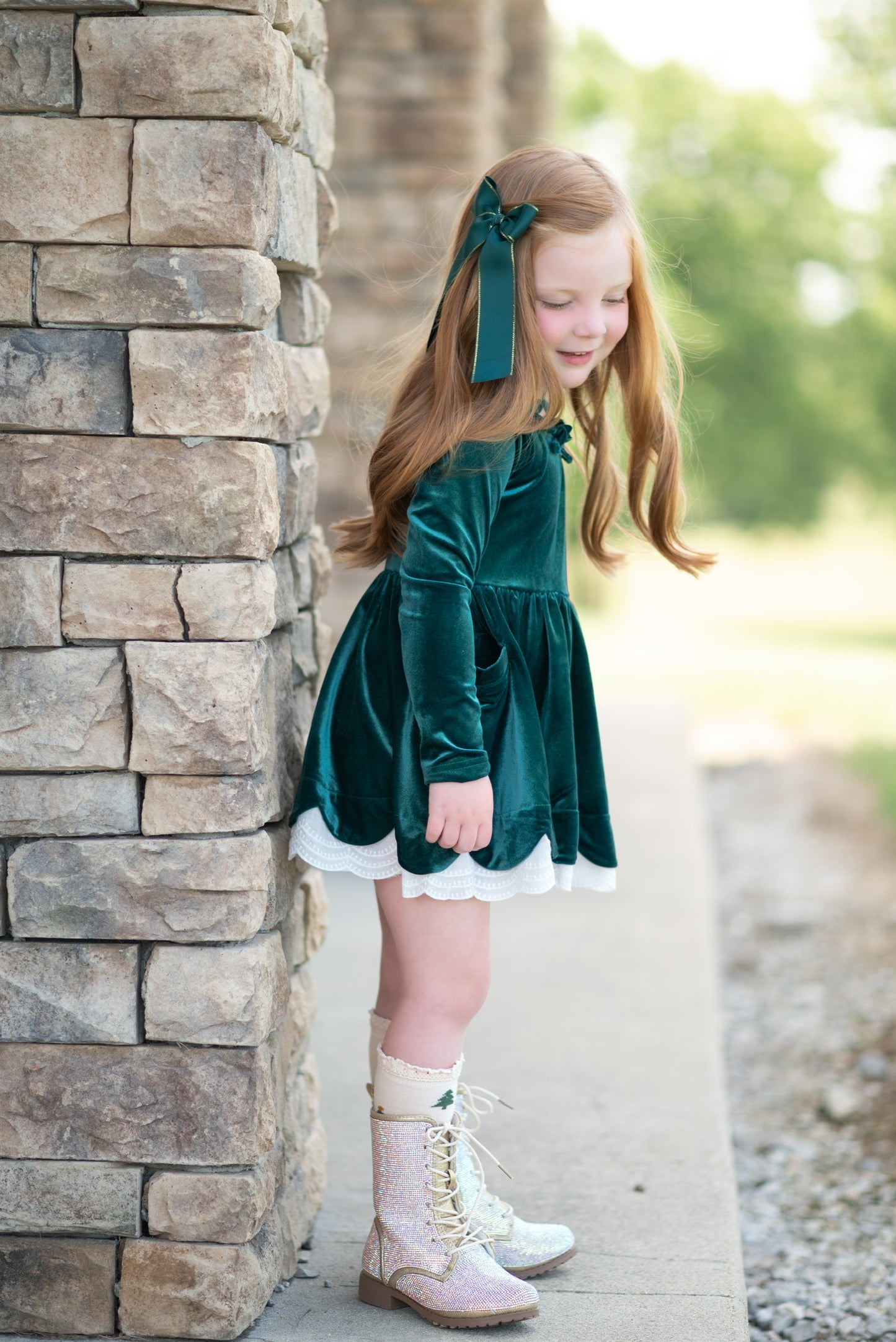 Velvet Bows Dress- Evergreen (Preorder)