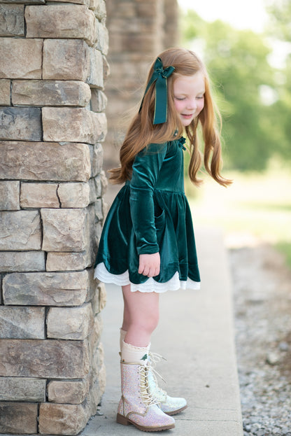 Velvet Bows Dress- Evergreen (Preorder)
