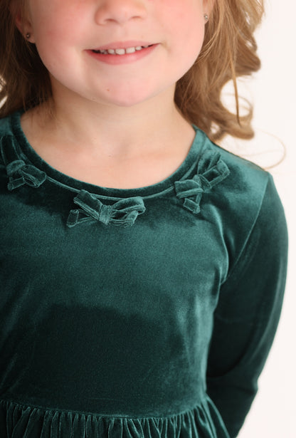 Velvet Bows Dress- Evergreen (Preorder)