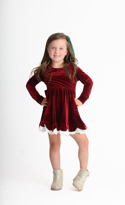 Velvet Bows Dress- Crimson (Preorder)