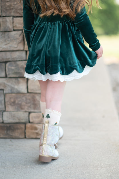 Velvet Bows Dress- Evergreen (Preorder)