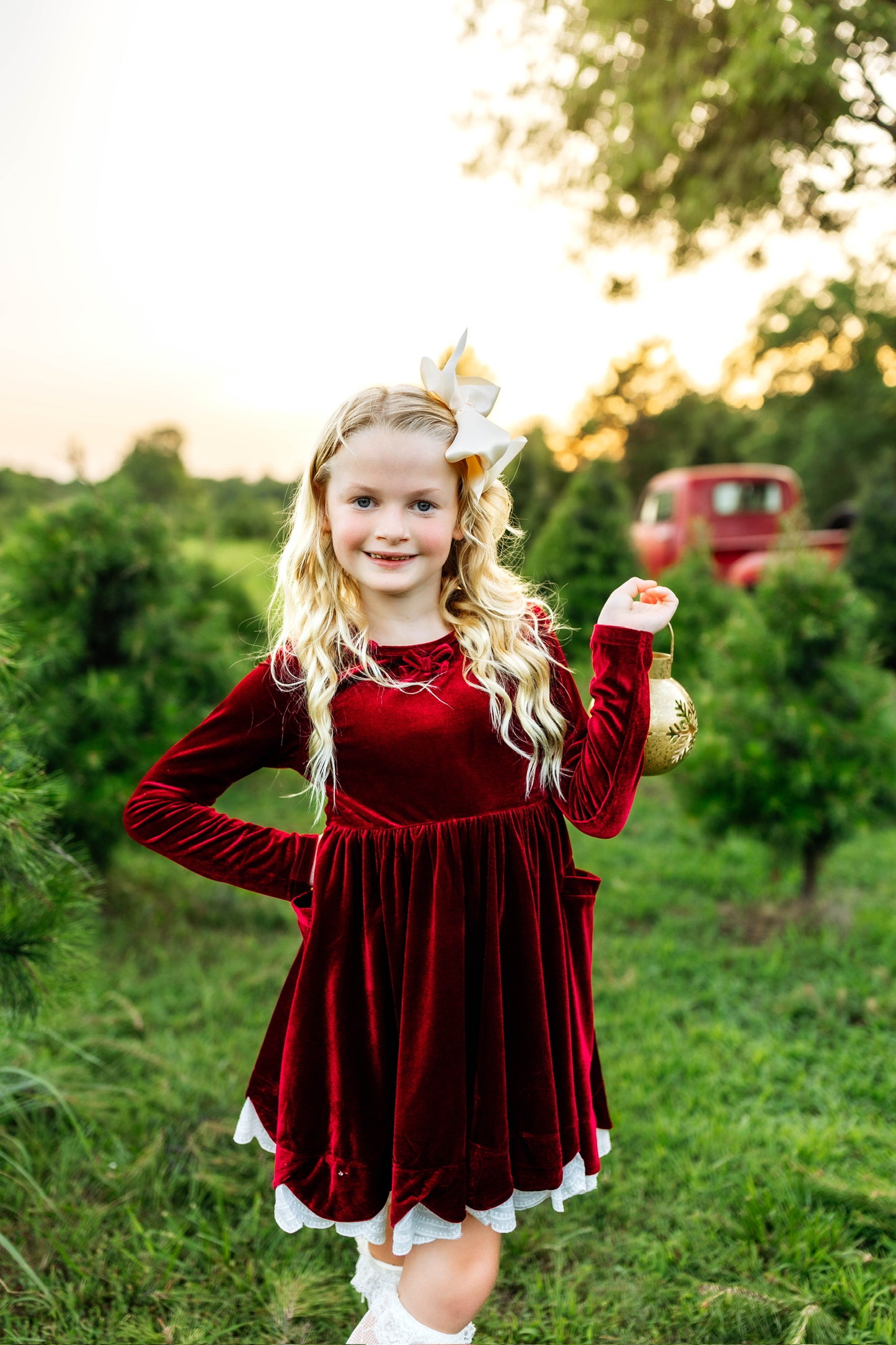 Velvet Bows Dress- Crimson (Preorder)