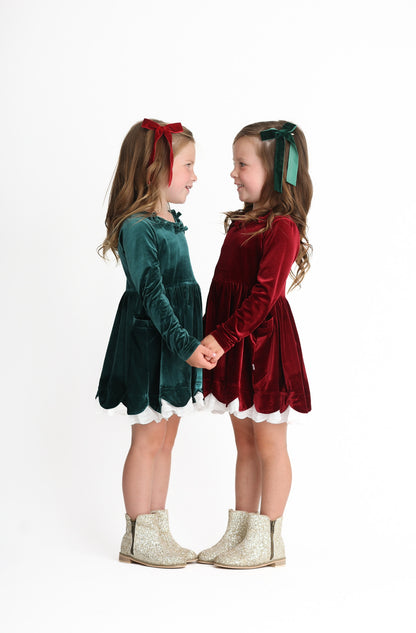 Velvet Bows Dress- Crimson (Preorder)