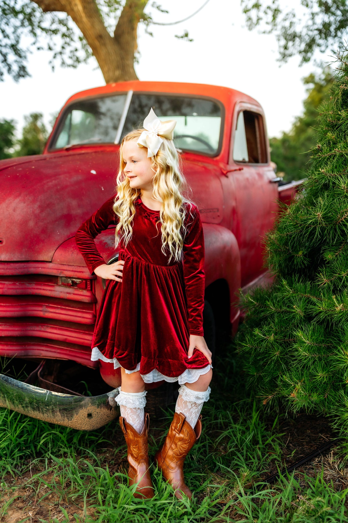 Velvet Bows Dress- Crimson (Preorder)