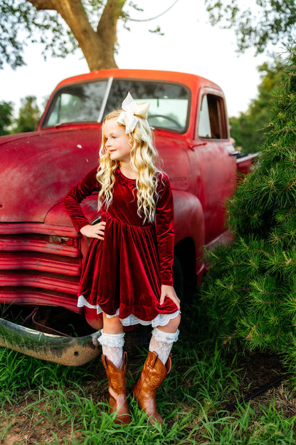Velvet Bows Dress- Crimson (Preorder)