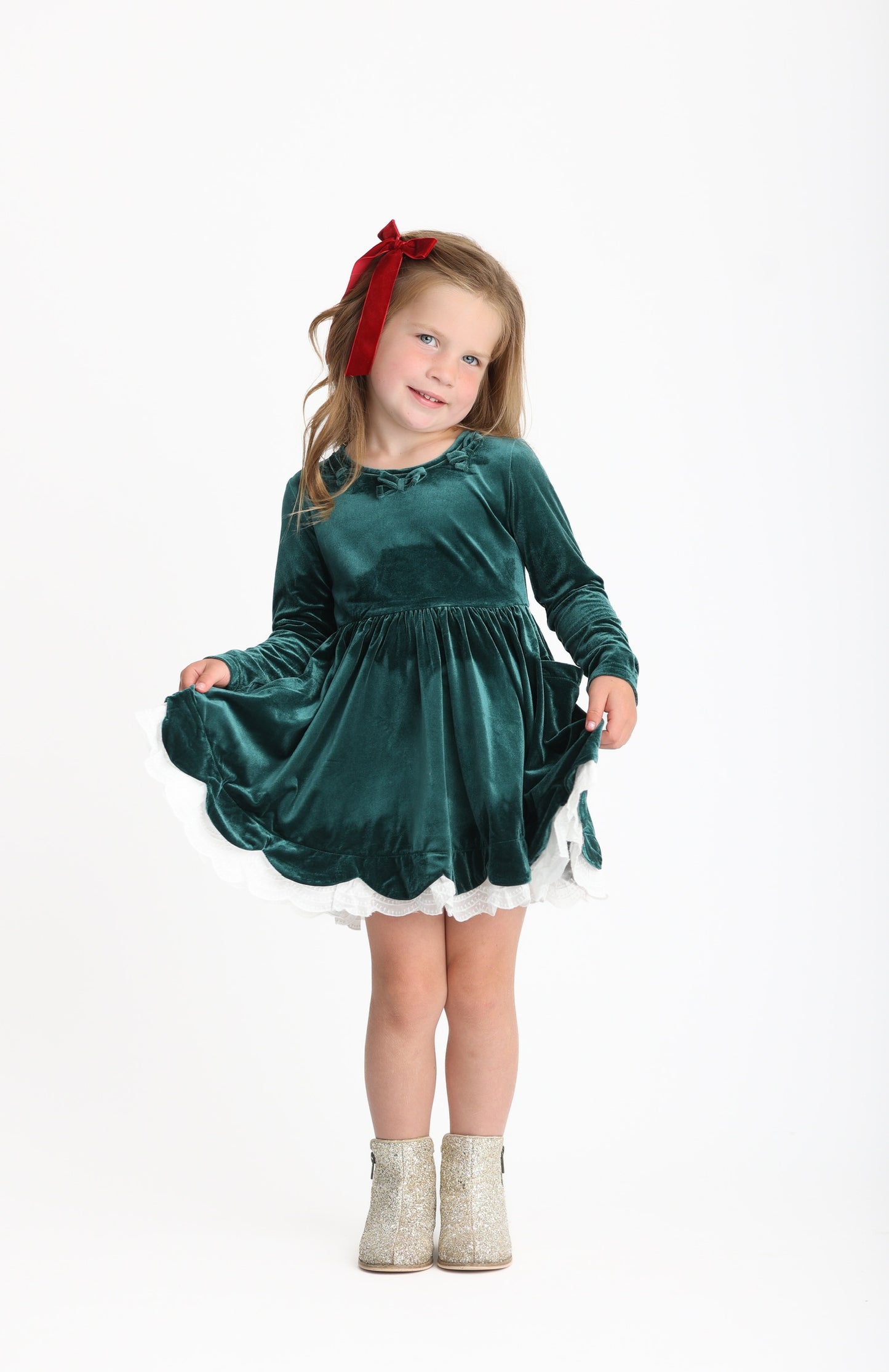 Velvet Bows Dress- Evergreen (Preorder)