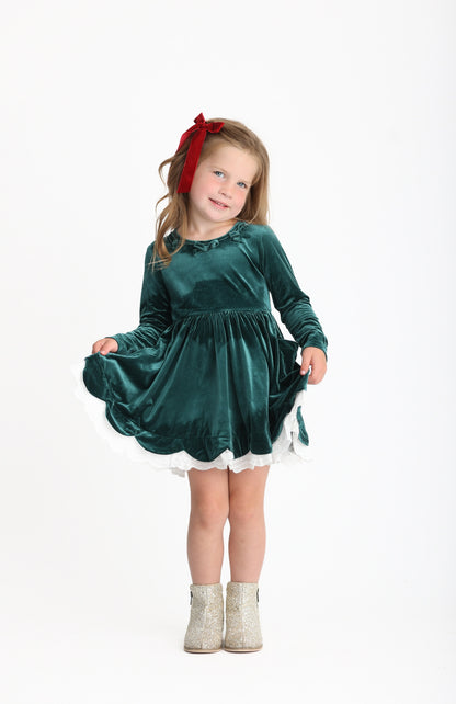 Velvet Bows Dress- Evergreen (Preorder)