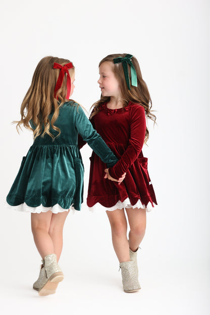 Velvet Bows Dress- Evergreen (Preorder)