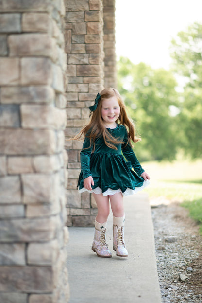 Velvet Bows Dress- Evergreen (Preorder)