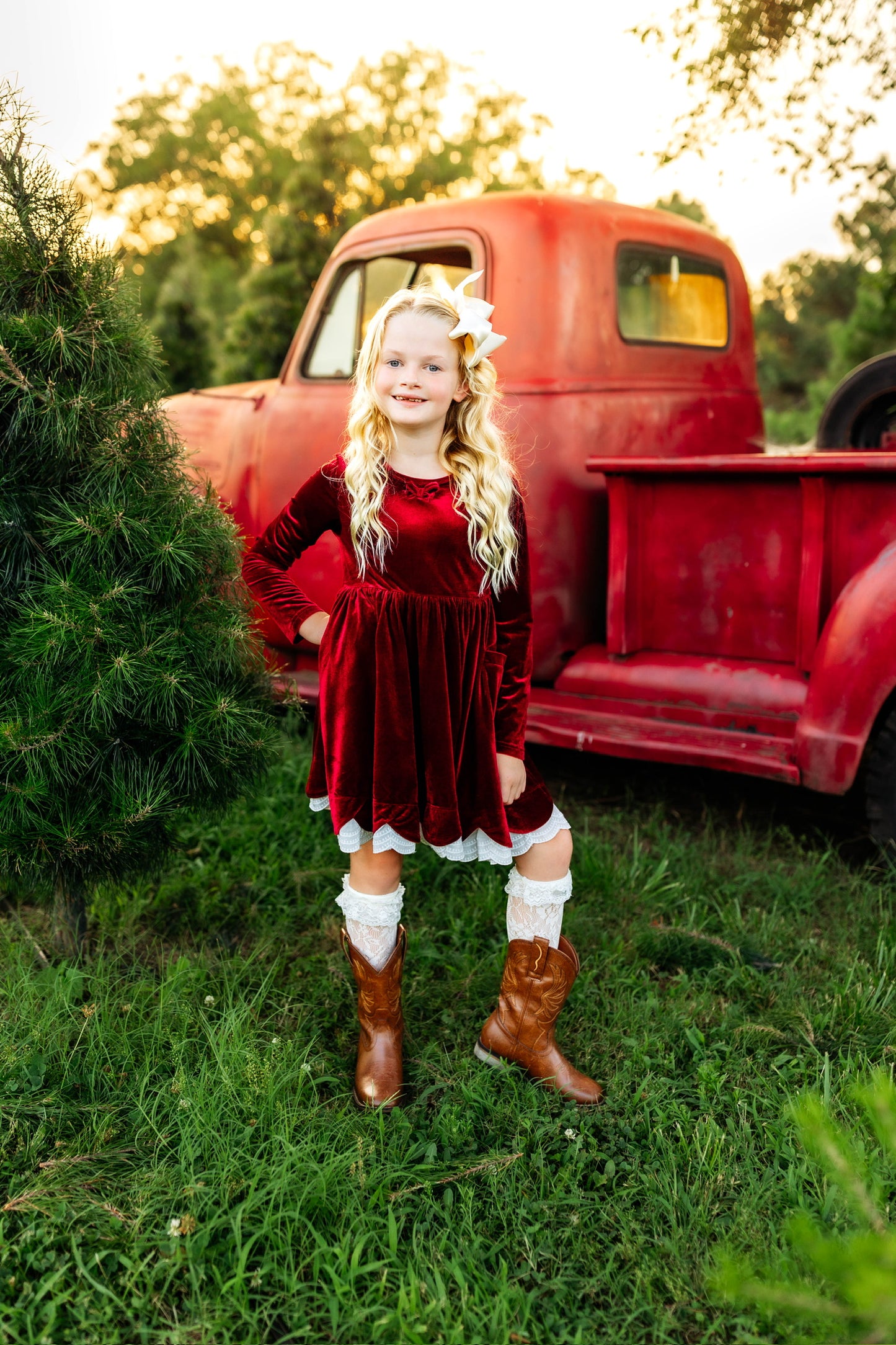 Velvet Bows Dress- Crimson (Preorder)
