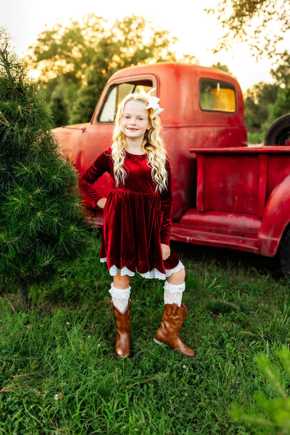 Velvet Bows Dress- Crimson (Preorder)